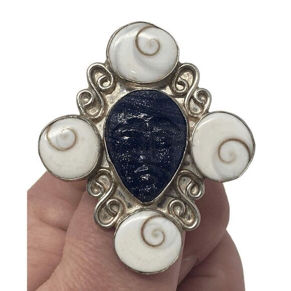 Alexis Bittar Sz 9 Lapis Lazuli Statement Ring 9.25 Y2K Art Nouveau Shiva Shells - Picture 9 of 10